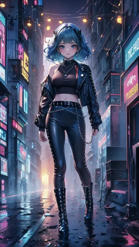  cinematic lights 、 best quality, Cyberpunk World、1 female、( beautiful 20-year-old woman 、  Beautiful Facial Features with Attention to Details 、 Medium Hair の青髪、 shoulder-length hair 、 messy hair、 blue eyes:1.4)break, Medium Hair 、（Bright  blue hair:1.5）
break
((Dark Leather Rebellion ) theme),（Punk Rock Tee :1.3） ( Full Leather Outfit Paired With A Fitted White Leather Jacket, Leather pants,  and Chunky Boots :1.1), ( Wear silver chain accessories and studded leather belt:1.3)、break.（ blue hair）
（On the evening after the rain 、I can see the sunset、 Where Futuristic Buildings Can Be Seen in the Distance 、 wet place right after rain :1.2）break（ Portrait Angle ）