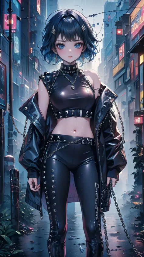  cinematic lights 、 best quality, Cyberpunk World、1 female、( beautiful 20-year-old woman 、  Beautiful Facial Features with Attention to Details 、 Medium Hair の青髪、 shoulder-length hair 、 messy hair、 blue eyes:1.4)break, Medium Hair 、（Bright  blue hair:1.5）
break
((Dark Leather Rebellion ) theme),（Punk Rock Tee :1.3） ( Full Leather Outfit Paired With A Fitted White Leather Jacket, Leather pants,  and Chunky Boots :1.1), ( Wear silver chain accessories and studded leather belt:1.3)、break.（ blue hair）
（On the evening after the rain 、I can see the sunset、 Where Futuristic Buildings Can Be Seen in the Distance 、 wet place right after rain :1.2）break（ Portrait Angle ）