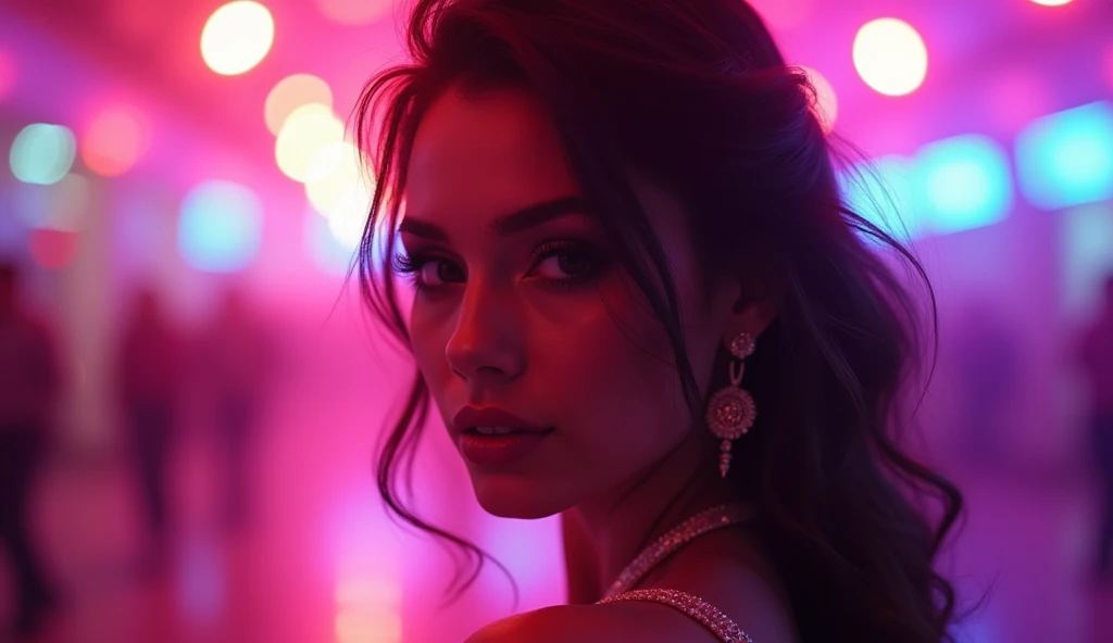 "Design a stunning 16:9 thumbnail for a romantic, passionate song. The central focus is a beautiful, confident woman with captivating eyes and a sultry expression. She is bathed in soft neon lights, blending hues of pink, purple, and blue, symbolizing the ...