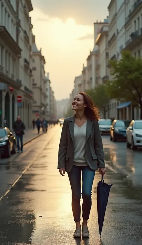 A woman walks down a quiet city street after a light rain. She carries a closed umbrella in her hand and looks up at the sky, where the sun begins to emerge between the clouds. Her smile reflects relief and gratitude, while small puddles of water on the gr...