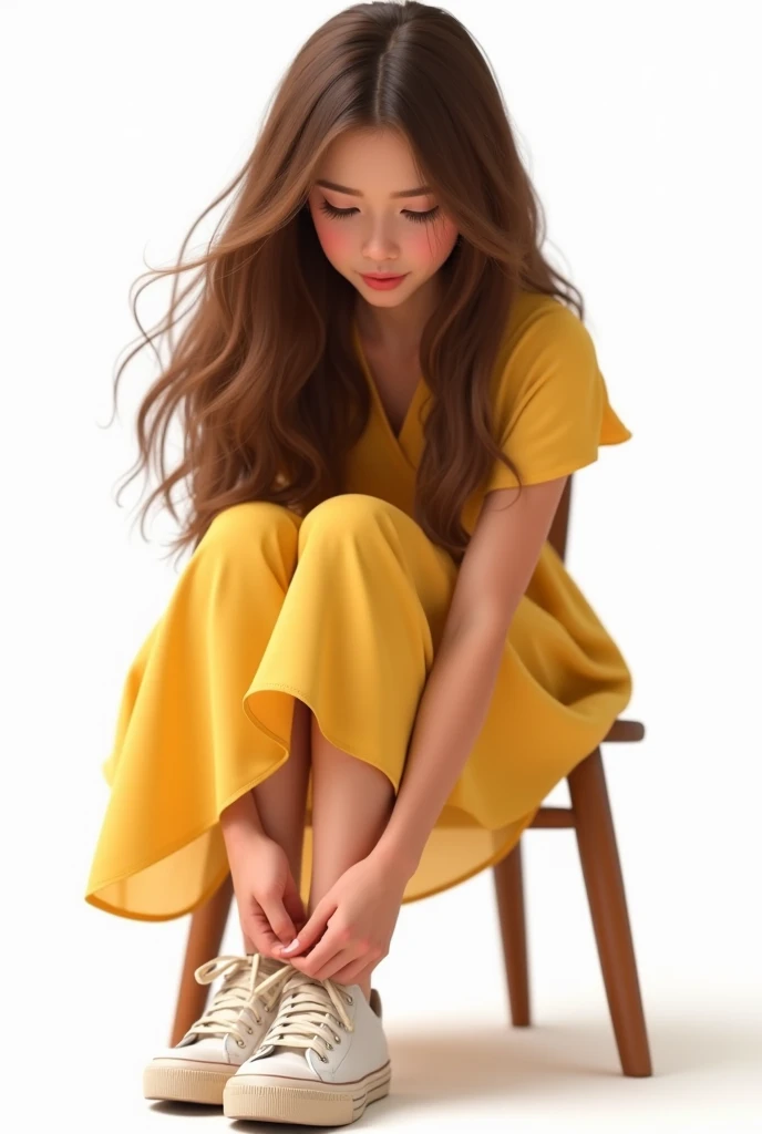    brown hair brown eyes with hair attached, qui fait des lacets à ses chaussures assise sur une chaise, She is wearing a yellow dress, white background,  realistic Pixar way