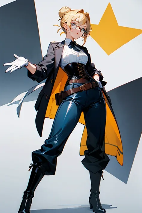  Woman with Blond Hair Tied in a Bun and Glasses ,  Dressed with Shirt , a corset, Jacket ,  Pants with Belt and Long Boots , с Два Пистолета в Кобур под Jacket то,  with Neck Chalker and Latex Gloves on Hands