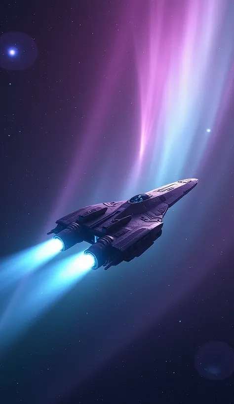 The Aurora Borealis in Deep Space: A futuristic spacecraft with a sleek design traveling through a starry expanse, its glowing engines leaving trails of blue light as it approaches a vibrant purple nebula.