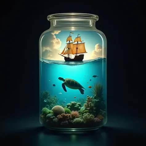 A captivating scene within a glowing glass jar. The top half of the jar, with a sailing ship battling the waves. The ships sails are billowing with the windn. The bottom half of the jar reveals an underwater world. Coral reefs, fish, and a large sea turtle...