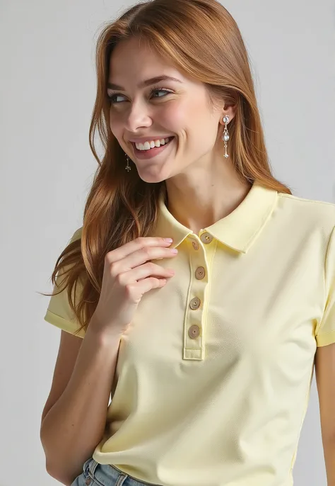 arafed woman in a yellow shirt posing for a picture, wearing polo shirt, short sleeves, wearing a modern yellow tshirt, light yellow, collared shirt, yellow clothes, wearing a light shirt, yellow, shirt, velvia, lady using yellow dress, pastel clothing, sl...