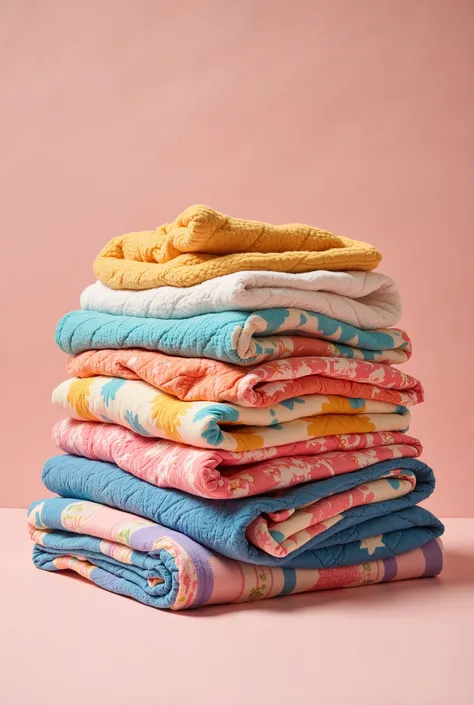  Quilts ,  quilts are soft and bright in a pile. there is no background 