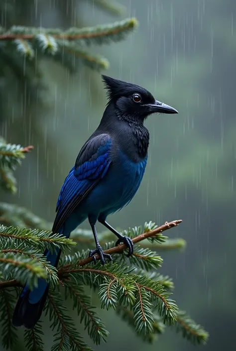 BHeres a description of the image:

Close-up view of a Stellers Jay perched on a branch of a coniferous tree in the rain. 


Heres a breakdown of the images components:

* **The Bird:** A Stellers Jay, easily identifiable by its dark head, blue body, and c...