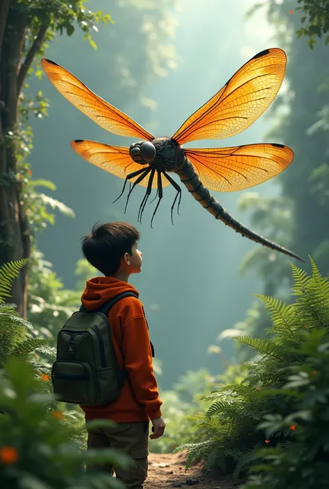 a teenage male with an orange hoodie and a backpack looking at a Meganuera