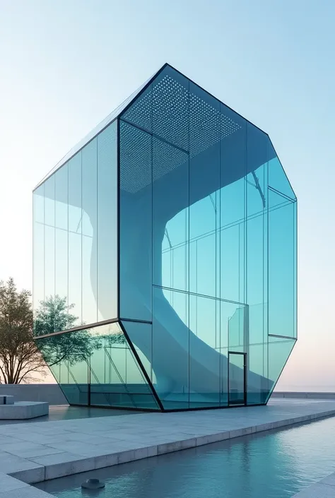 THE DESIGN OF TWO LARGE HEXAGONS OF EMPTY GLASS MERGED INTO EACH OTHER, ONE OF THE SIDES IS IN IRANIAN BLUE COLOR AND HAS A GRACE AND RECESS FOR SITTING, AND THE ROOF OF THE PYRAMID IS PERFORATED AND SUNLIGHT SHINES IN.