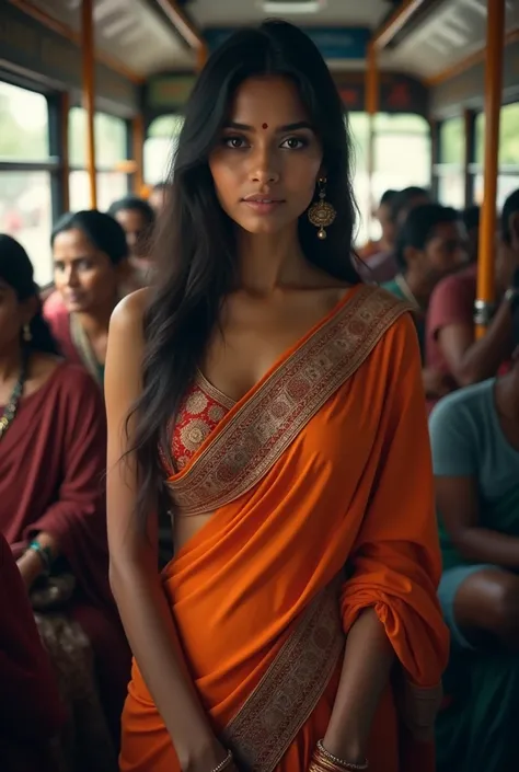 Beautiful indian woman wearing a saree she,s standing inside of crowded bus her stomatch was opened