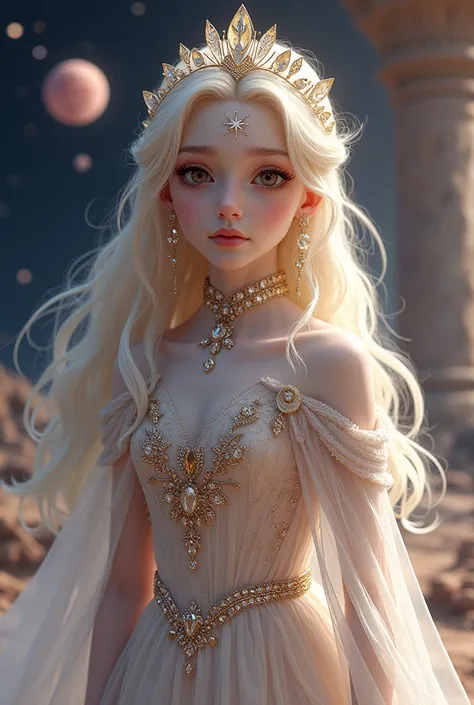 An alien landscape Cosmic Galaxy royal Alien Empire Sakurnia planets , Alien Female Crystal Elf Humanoid white skin Blonde wave hair brown hazel Eyes Kinmokian Etherian Pleaidian Sakura Osmanthus Fragrance narcissus Crystallix Teen Princess Imperial Astari...