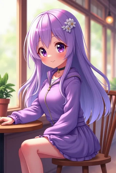 4K  Manga cartoon  character is Girl  skin white  , long hair colour purple - white , wear outfits and shoes colour purple and white -  light purple pattern  lavender , background  wall door glass in cafe , manga cartoon style . 