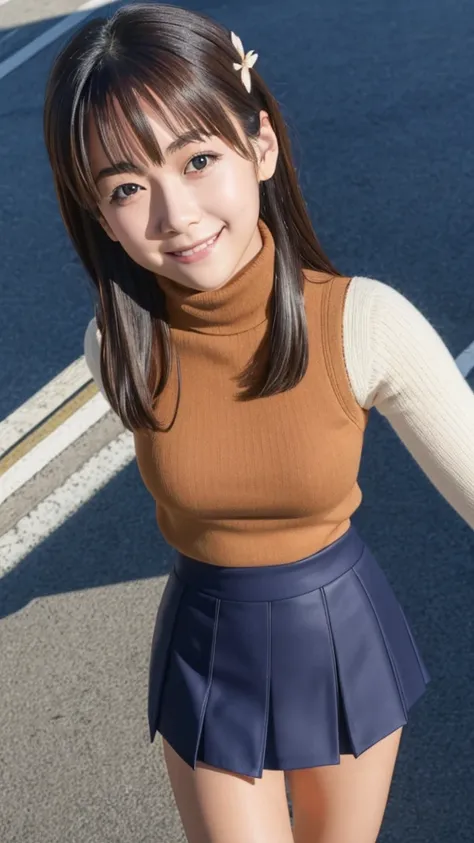 pixel perfect, Perfect in every detail, alone, 1 girl, Saten Ruiko, medium breasts,wave hair,turtleneck,,mini skirt,smile,stylish pose,stylish angle,looking at the viewer,in the center of the image,alone,