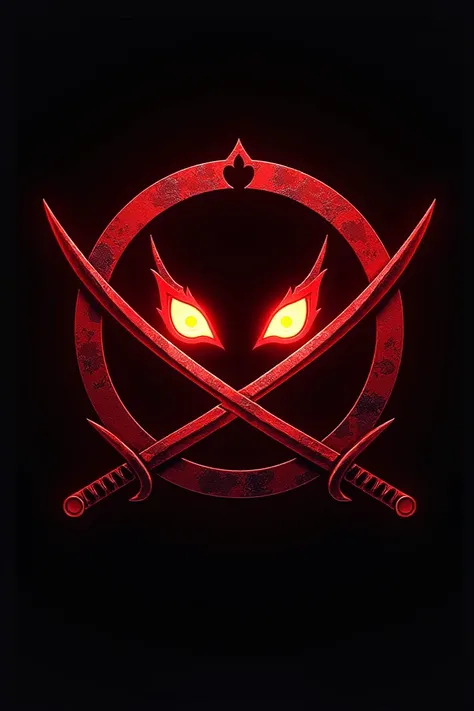 Create a logo design with the name Akatshuki which depicts two sharingan eyes with two swords, the logo is round and the swords are crossed