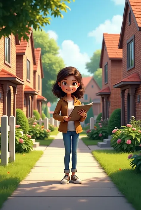 A girl conducting a survey in a neighborhood with brick houses
