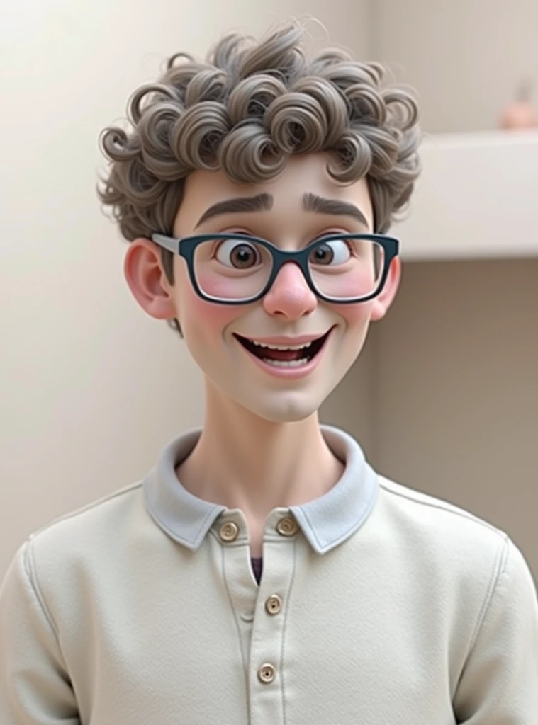 3d photo, a white guy with curly hair and glasses is smiling