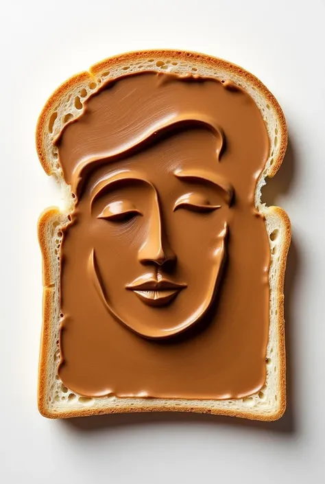 
“Minimalistic art featuring a single slice of toast as the canvas, with abstract human faces sculpted in relief using a single color. The design resembles peanut butter, jam, or chocolate spread, with smooth and textured layers creating the facial feature...