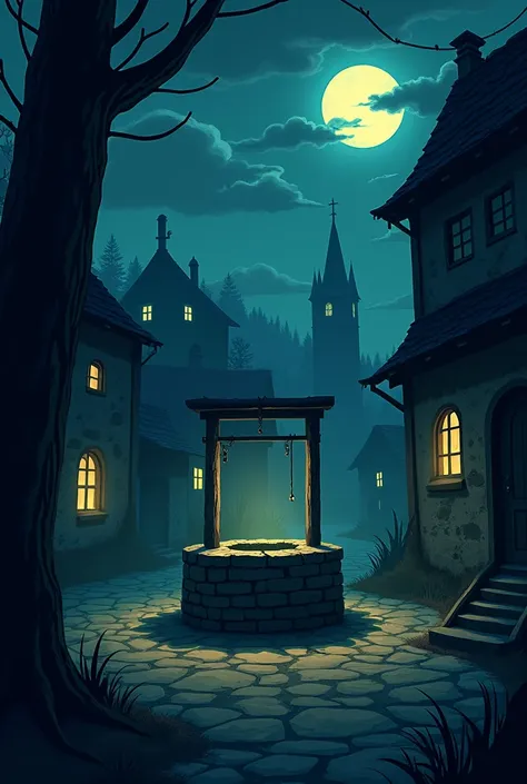 Animated image of a village scene in which a well in horror scene in dark night 