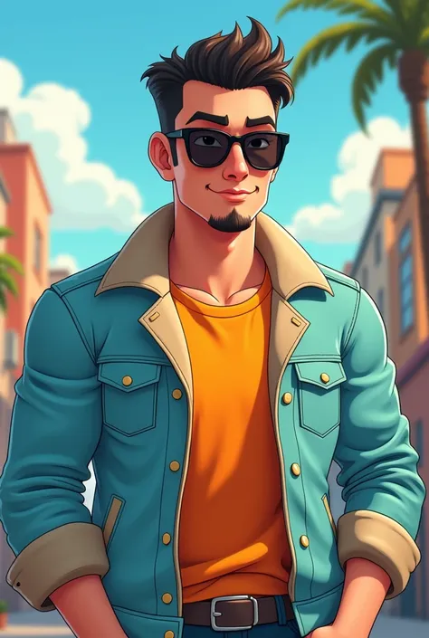  animation of man with chin knob, sunglasses and short hair , light blue jacket and orange t-shirt 
