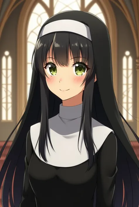  An anime-style nun with rowdy Chinese black hair ,  the hair is too Chinese and long to the bust ,  she is wearing a nuns costume ,  standing inside an elegant cathedral  .He has black hair and smiles softly .  Green eyes and freckles around her cheeks . ...