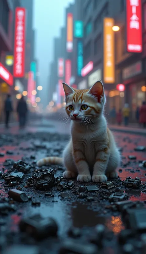 Realistic. Photorealistic. Image is vibrantly colored.
Photo,Highly detailed

There are many small scraps of machinery, and a kitten is sitting next to them.

The background is a daytime city, with neon lights fading in the distance.