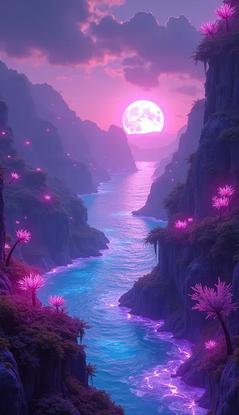 The Planet of Bioluminescence: A mysterious alien world with glowing purple skies, forests of radiant plants, and shimmering blue oceans under the light of twin suns.