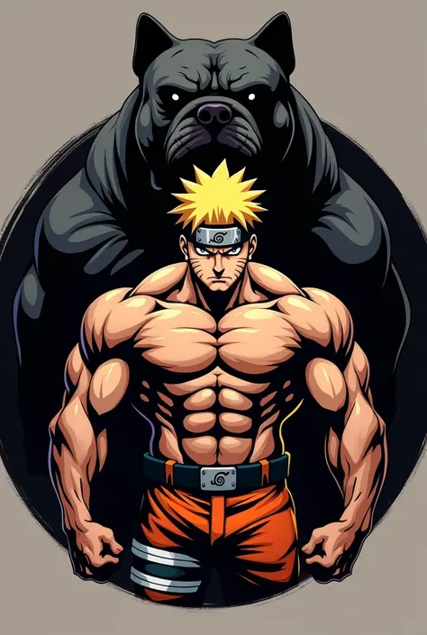  Make a round Naruto Uzumaki logo that is very strong and muscular in the front , behind Naruto there is the black shadow of a very large English bulldog with a mans back and very muscular with a strong back,You can see his back is very strong ,Turn your b...