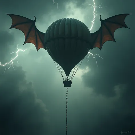 air balloon with bat wings among the storm clouds, chain hanging to the ground, fantasy, chains, victorian age. eerie lights