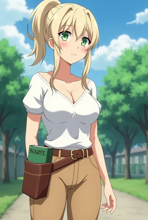 Black clover anime universe, anime girl, short, petite, curvy hips, big boobs, long pale blonde hair, no bangs, high ponytail, pale green eyes, wearing a white low cut blouse, and tight tan pants with a brown belt book holster with a book in it, standing o...