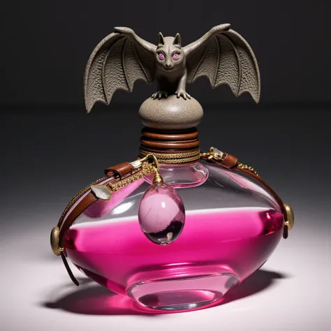 glass bottle with pink potion, oval long bottle, ((long bottle)), on top stone stopper with figurine of stone bat with pink eyes crystals, figurine of bat has spread wings, stopper and bat made of stone, pink liquid with bubbles, large pink crystal hangs o...