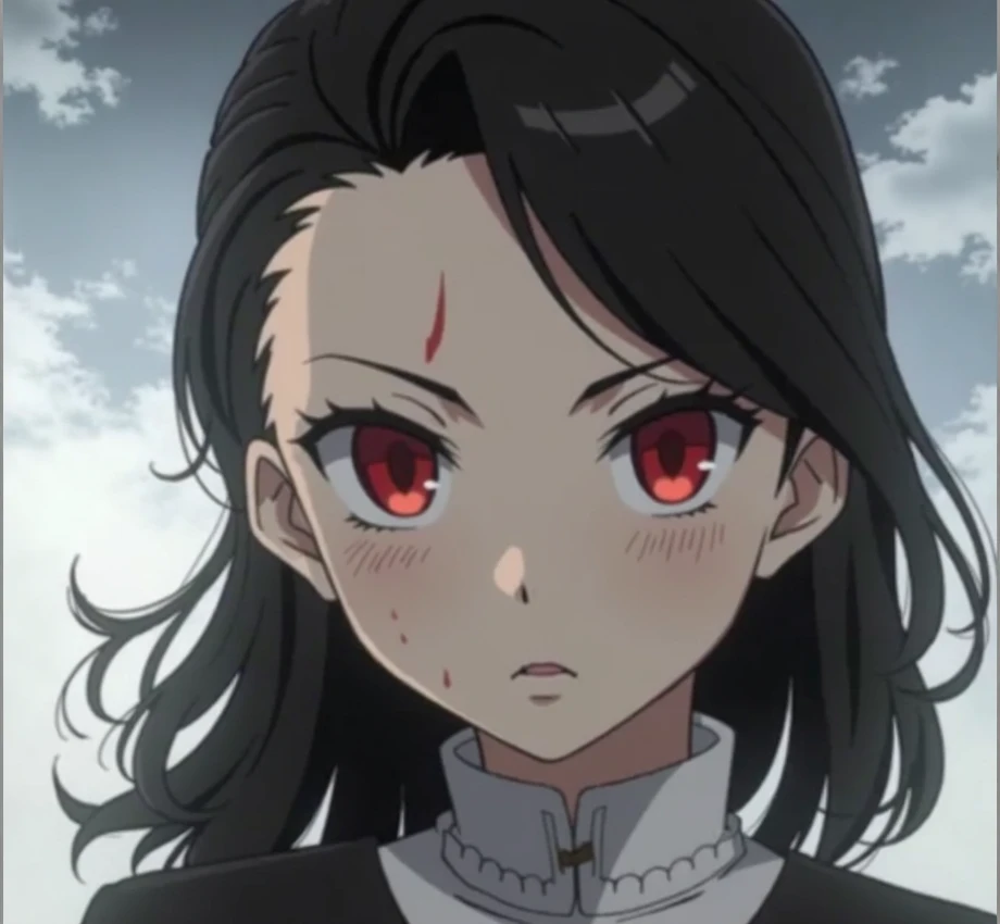 Anime girl with red eyes and black hair, Demon Slayer inspired anime style