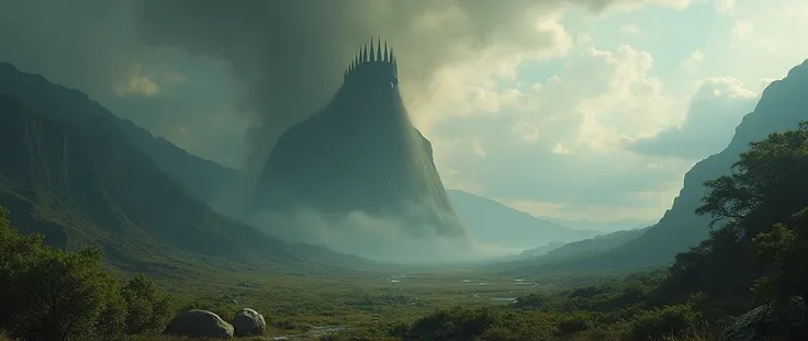 land of medieval fantasy based on the Lord of the Rings ,  where you can see scorched lands full of spawn contrasting with fertile and green lands full of life, plants and living beings.  You can see the shadow of Sauron , With his spiked crown ,  blurred ...