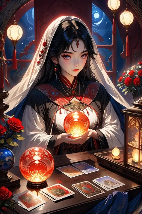 A beautiful and mysterious fortune teller，Compact and fun environment. Fortune teller wearing a cape, Delicate facial features. 

The scene is dim, Create an atmosphere of uncertainty and expectation. A fortune teller sitting at the table, Tarot Cardsで飾られた...