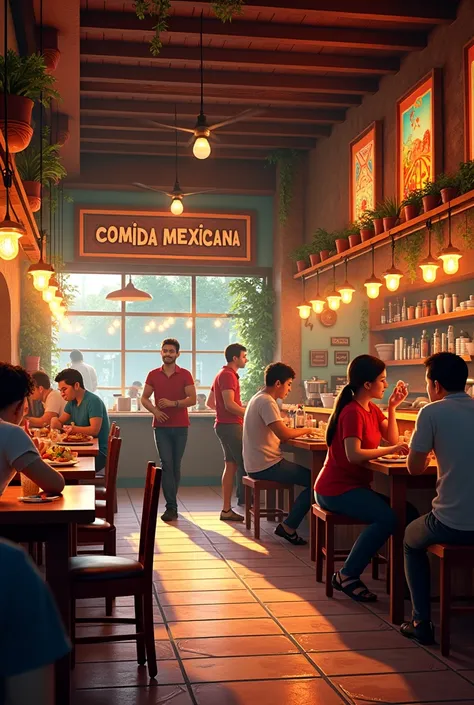 Create a picture for me that shows a cafe in real time. a cafe that serves Mexican cuisine. The cafe is called Comida Mexicana