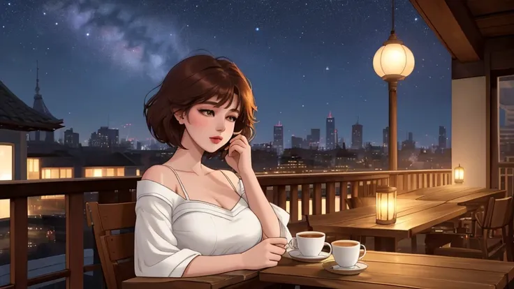 "A serene rooftop evening scene featuring A brunette girl short auburn hair with big breasts seated gracefully on a balcony, dressed in a casual yet elegant outfit. She is holding a steaming coffee cup in one hand while a second cup rests on a nearby woode...