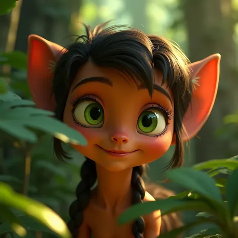 A close-up of Maia’s face, her green eyes full of curiosity and intelligence as she peers through the leaves. Behind her, the forest is vibrant and alive, with animals peeking out from behind trees. Her posture is confident yet gentle, as if she is both th...