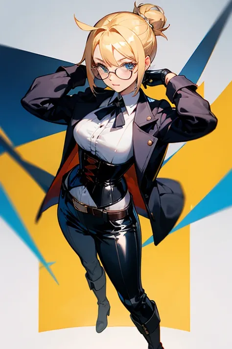  Woman with Blond Hair Tied in a Bun and Glasses , with Neck Chalker ,  Dressed with Shirt , a corset, Jacket ,  Pants with Belt and Long Boots , с Два Пистолета в Кобур под Jacket то,  Latex Hand Gloves