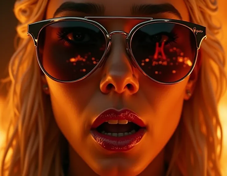 "Extreme close-up of Daenerys’s face as she raps with intensity, her red lipstick shimmering under the firelight. Her sunglasses catch the reflection of a burning cityscape, and her expression is fierce and unrelenting."