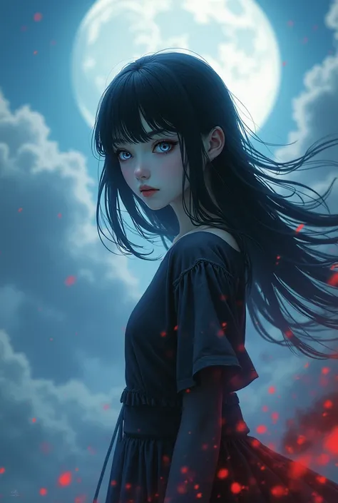 Girl with black hair white skin blue eyes ,  against the background of sky full of clouds half and the other half blurred out hell,  a boy with red eyes black hair fangs and white skin 