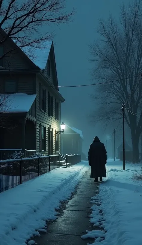 A snow-covered street, a strange shadow ringing the doorbell of a house in the dark.]