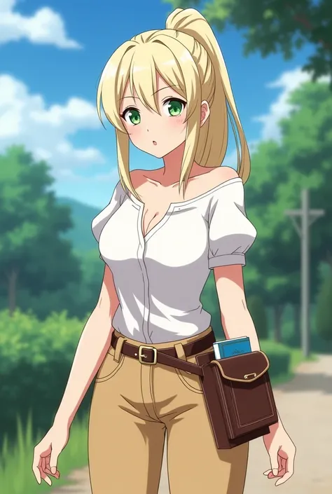 Black clover anime universe, anime girl, short, petite, curvy hips, big boobs, long pale blonde hair, no bangs, high ponytail, pale green eyes, wearing a white low cut blouse, and tight tan pants with a brown belt book holster with a horizontal classic boo...