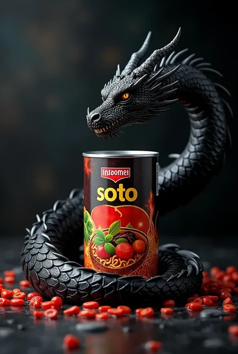 MAKE ME A PROMOTIONAL BANNER ABOUT INDOMIE SOTO WITH "INDOMIE SOTO" LOGO BUT ALSO ADD A BLACKDRAGON IN THE BACKGROUND CIRCLING ON THE CAN OF INDOMIE SOTO, WITH BLACK THEME , 4K HDR