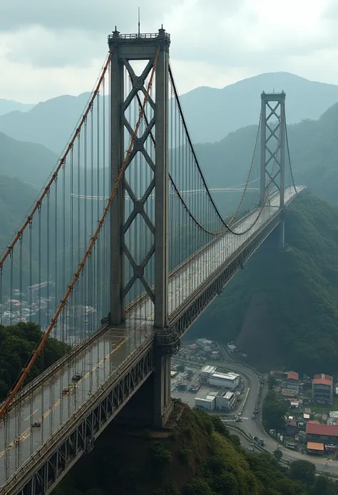 A detailed scene of large, industrial-style hanging and concrete bridges in Costa Rica, designed for heavy-duty use, with a more developed, urbanized setting. The bridges feature massive steel cables and sturdy concrete structures, showcasing intricate eng...