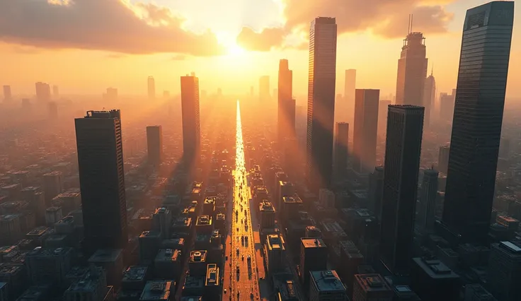 limelight,  modern city, with large buildings, sunny day,  seen from above