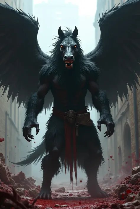 dark lord indian warrior with horse head male fursuit looking at the viewer seriously angry expression open black wings Super sharp canine teeth totally destroyed medieval background blood horror art