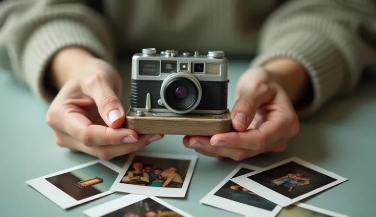 someone is holding a small disposable camera and some polaroids in their hand, miniature photography closeup, 35 mm photo, 3 5 mm photo, 35mm photo, miniature photography, nostalgic photography, 33mm photograph, 33mm photo, 35mm camera, expired burned film...