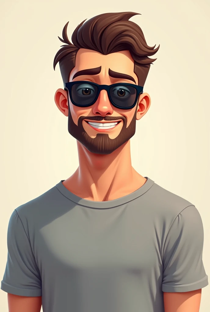 Short haired man animation,  brown eyes and half-knob beard, sunglasses and gray t-shirt