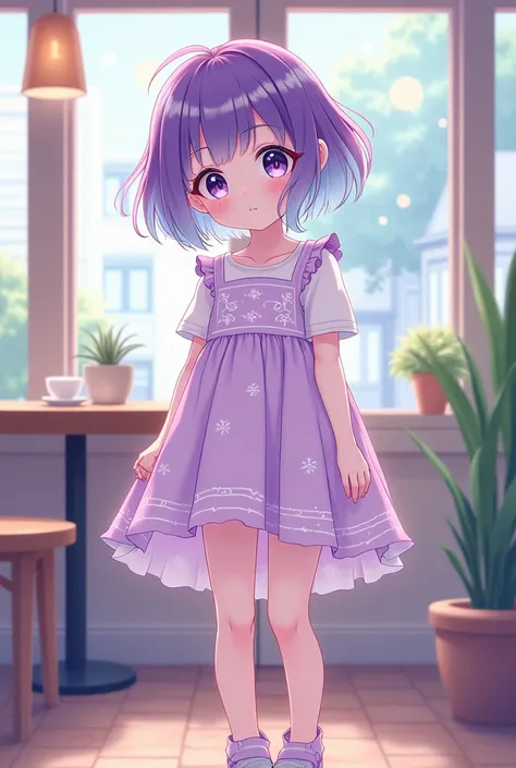 4K  Manga cartoon  character is Girl  skin white  , short  hair colour purple - white , wear outfits and shoes colour purple and white -  light purple pattern  lavender , background  wall door glass in cafe , manga cartoon style . 