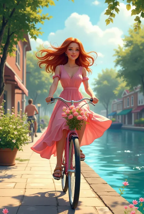 Anna Oginova on a bicycle in a pink boiler dress on the waterfront