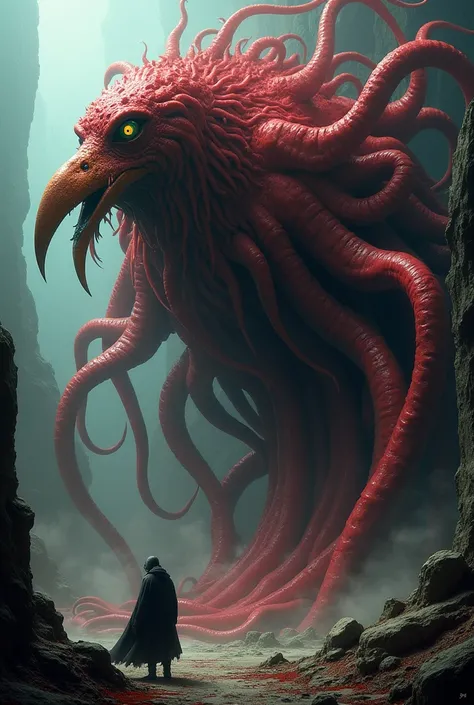 cnidathqua with bird’s head and many tentacles and many eyes very large size and look terrible red skin in H.P. Lovecraft style
Not humanoid like a blob